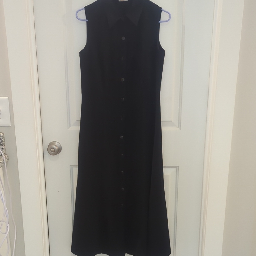 Basic Editions Elegant Black Sleeveless Button Up Shirt Dress W Cheat Pocket